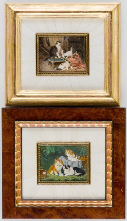 J. 尼克拉斯 (XX)
猫 
 
 2幅微型画，附签名 
 
 
 6.3 × 8 厘米，6 × 