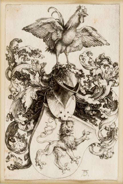 阿尔布雷希特·丢勒（1471-1528）
带有公鸡的狮子纹章 
 
 纸本铜版蚀刻画，版面上带有签名