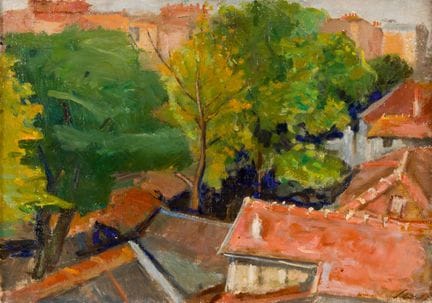 马塞尔·斯洛德基（1892-1944）
《屋顶上的风景》 
 
 布面油画，右下角签名 
 
 
 