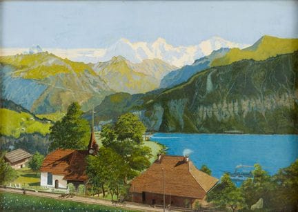 匿名艺术家（签名缩写 FMC）
湖畔山村与高山全景 
 
 纸本水粉画，署有“FMC”（？）签名缩写