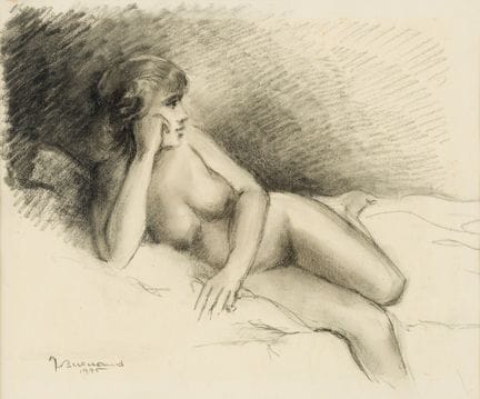 让·埃德蒙·伯南德（1925-2014）
《仰卧的女性裸体》 
 
 纸上炭笔画，署名并标注1975