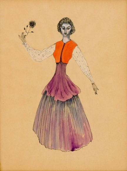 梅雷特·奥本海姆（1913-1985），据传为该作品作者
一幅描绘手持鲜花的女子的时装画
 
 纸本