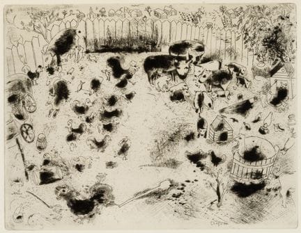 马克·夏加尔（1887-1985）
《家禽院》（科罗博奇卡夫人的院子）  
蚀刻版画，版上签名，19
