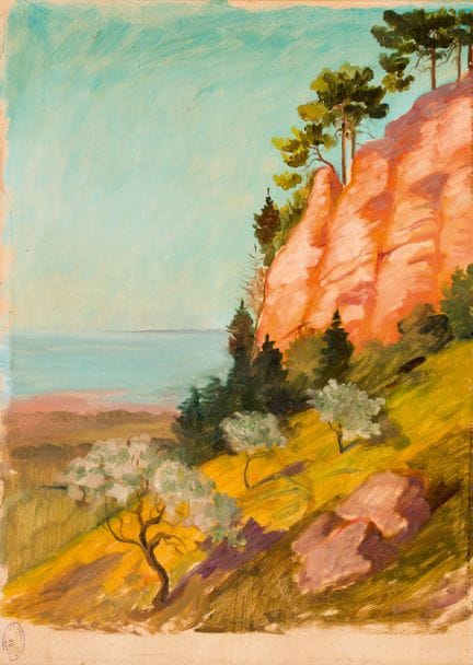 安娜·海伦·冯·施洛格尔（1886-1975）
画作双面作画，正面描绘了海边树木环绕的悬崖及花卉静物