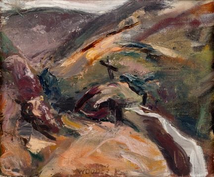 《WOOD (XX)》
布满岩石的景观与十字架 
 
 布面油画，署名 
 
 
 38 × 46 