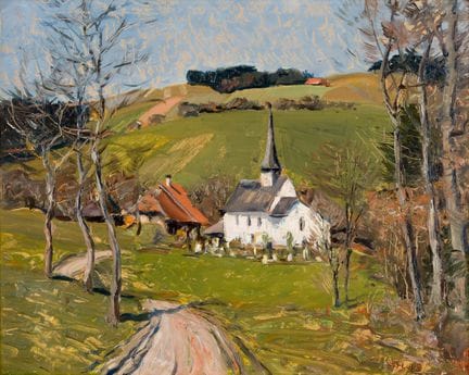 阿尔弗雷德·霍勒（1888-1954）
带白色教堂的乡村 
 
 纸板油画，署有姓名首字母并标注19