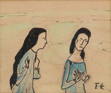 费迪南德·霍德勒（1853-1918）
身着蓝色连衣裙的两名黑发女子 
 
 水彩与墨水画于纸上，背