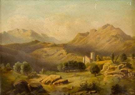 匿名艺术家
山脉环绕的谷地风景 
 
 布面油画，未署名 
 
 
 20 × 28 厘米，带画框尺