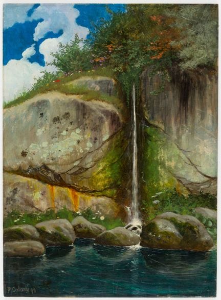 普利尼奥·科隆比（1873-1951）
岩壁上的瀑布
 
 木板油画，画作上签名并标注日期“99”，