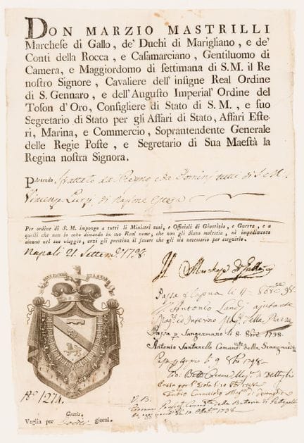 CARTA DE VIAJE DE DON MARZIO MASTRILLI
Documento i