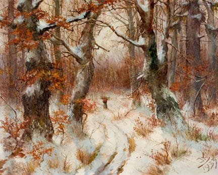 约翰内斯·科勒（1896-1976）
戴着红色兜帽的农妇在白雪覆盖的森林中扛着木柴 
 
 木板油画