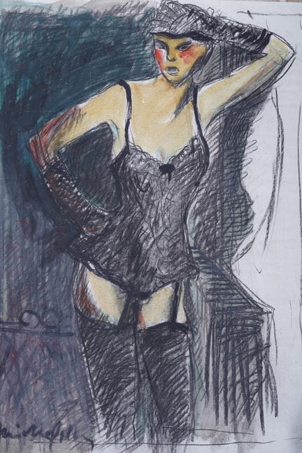 米歇尔·吉勒（1943-2008）。《夜总会舞女》，妮可·布斯克。水彩与木炭画，纸本，左下角签名。高