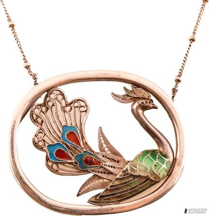 Pendentif et chaîne « Paon » en cloisonné et filig