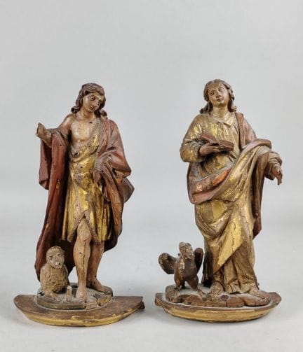 Zweier-Set aus polychromen Holzfiguren des Heilige