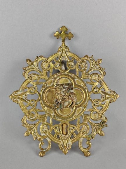 Neogotischer FRIEDENSKUSS aus vergoldeter Bronze m