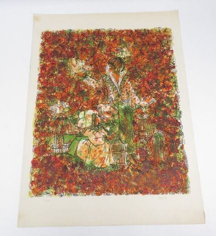 JAVO（1978年出生）。《花园里的孩子们》。 阿什斯羊皮纸上的彩色石版画，画面左下角有艺术家亲笔