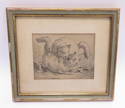据让-巴蒂斯特·I·于埃（1745-1811）作品。两只猫，1788年。 在维尔热纸上制作的蚀刻版画