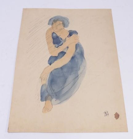 据奥古斯特·罗丹（1840-1917）原作。身着蓝衣的坐姿女子。彩色石版画，纸本，右下角有“罗丹”博
