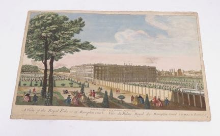 《汉普顿宫全景图》——位于伦敦以南15英里处的汉普顿宫，1760年。水彩点缀的蚀刻版画，绘于毛边纸上