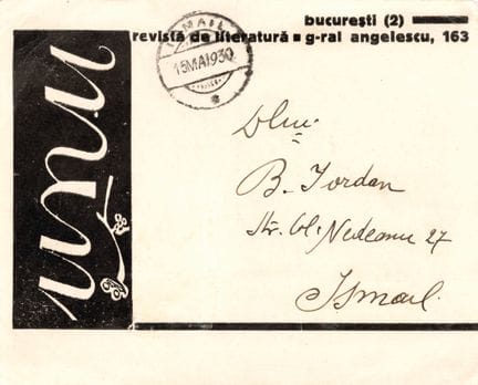 [POSTKARTE für die ZEITSCHRIFT]. UNU. Bukarest, 19