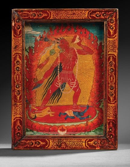 西藏——约1900年
察克利（纸本水墨彩绘），肤色呈红色的金刚瑜伽母，呈开裆坐姿，脚踩两名恶魔，手持