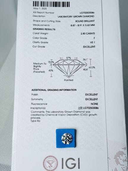 DIAMANTE cultivado en laboratorio de 2,80 quilates