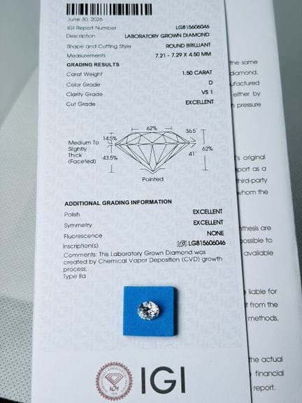 DIAMANTE cultivado en laboratorio de 1,50 quilates