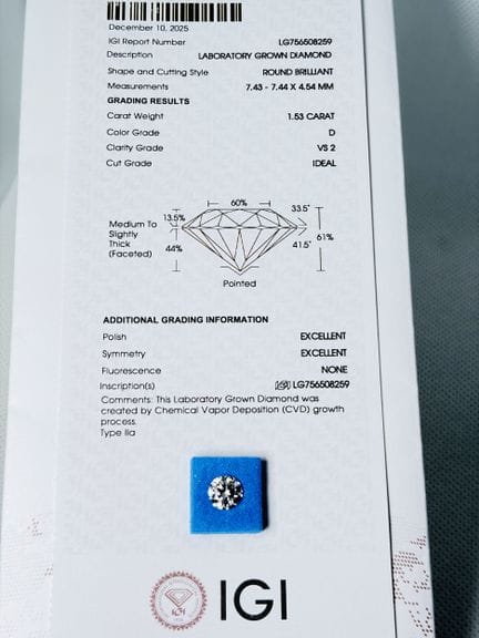 DIAMANTE cultivado en laboratorio de 1,53 quilates