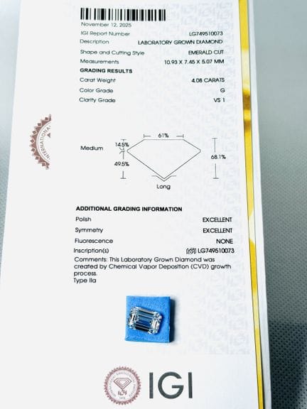 DIAMANTE cultivado en laboratorio de 4,08 quilates