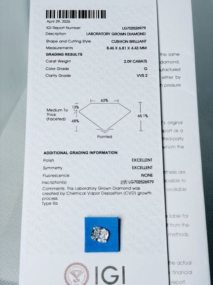 DIAMANTE cultivado en laboratorio de 2,09 quilates