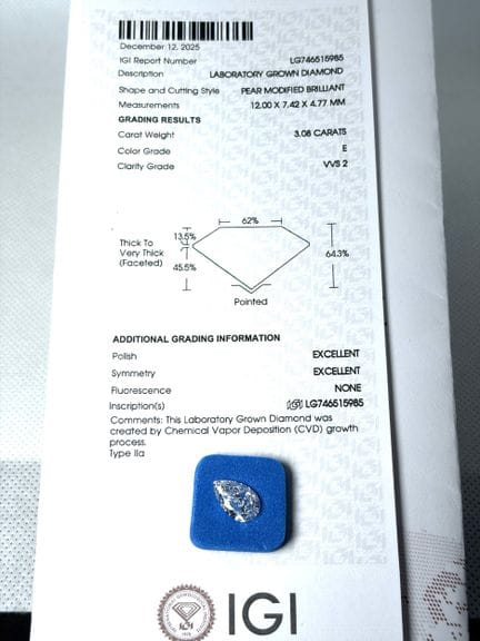 DIAMANTE cultivado en laboratorio de 3,08 quilates