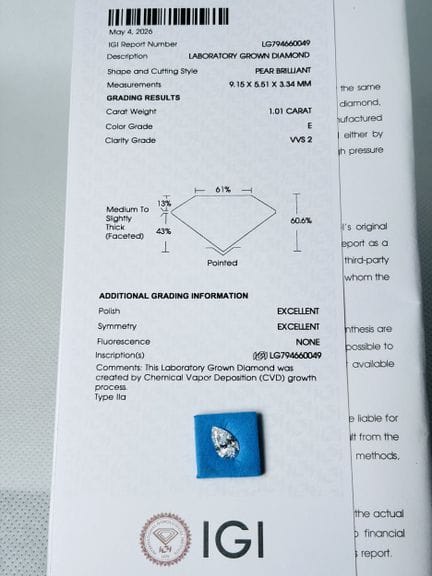 DIAMANTE cultivado en laboratorio de 1,01 quilates