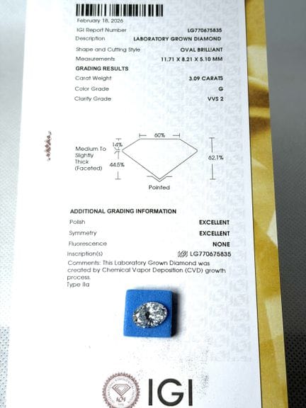 DIAMANTE cultivado en laboratorio de 3,09 quilates