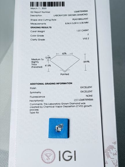 DIAMANTE cultivado en laboratorio de 1,01 quilates