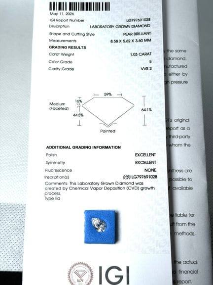 DIAMANTE cultivado en laboratorio de 1,03 quilates