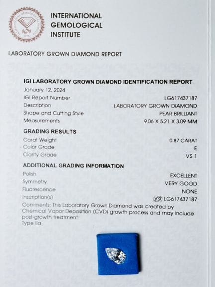 DIAMANTE cultivado en laboratorio de 0,87 quilates