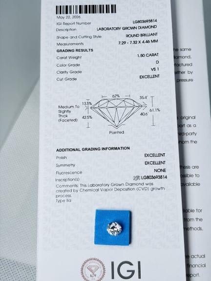 DIAMANTE cultivado en laboratorio de 1,50 quilates
