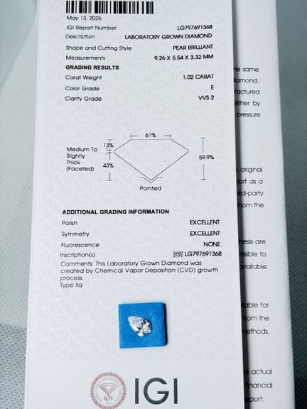 DIAMANTE cultivado en laboratorio de 1,02 quilates