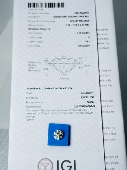 DIAMANTE cultivado en laboratorio de 1,60 quilates