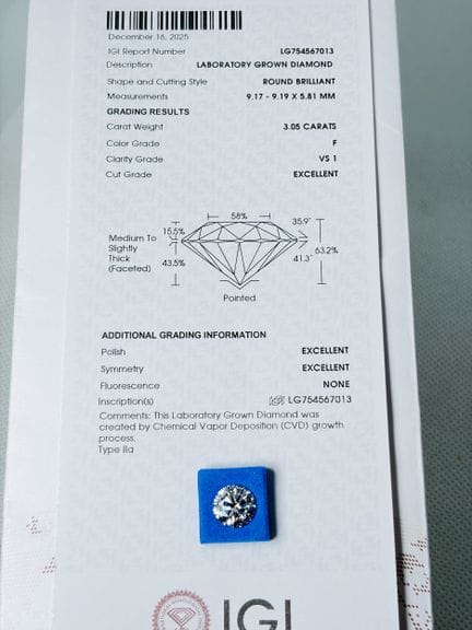 DIAMANTE cultivado en laboratorio de 3,05 quilates