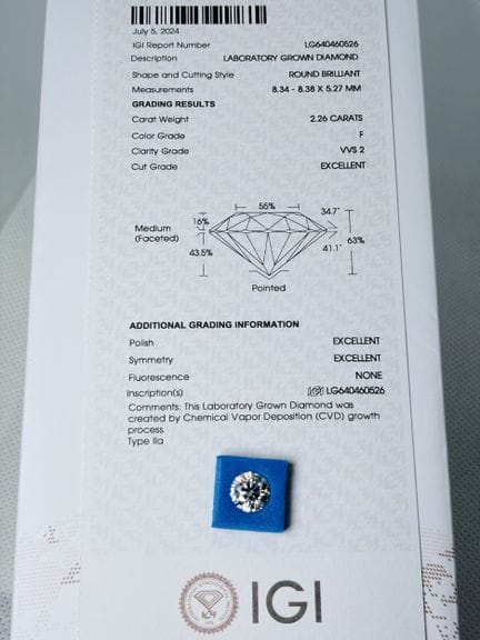 DIAMANTE cultivado en laboratorio de 2,26 quilates