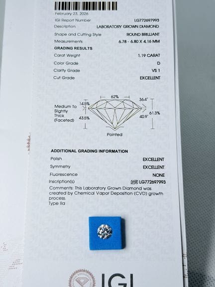 DIAMANTE cultivado en laboratorio de 1,19 quilates