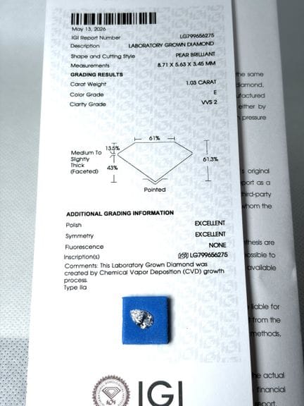 DIAMANTE cultivado en laboratorio de 1,03 quilates