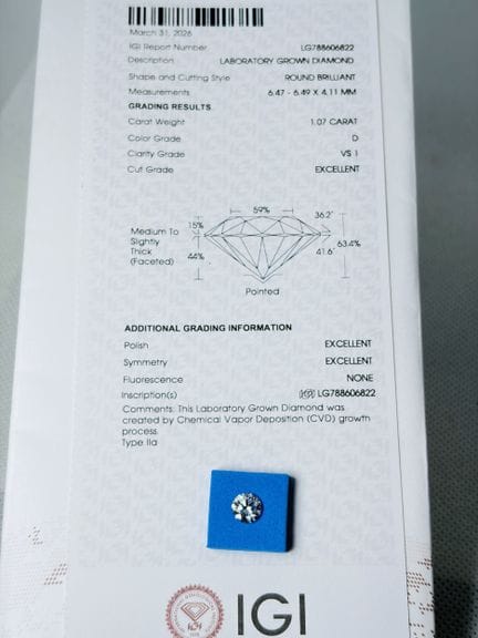 DIAMANTE cultivado en laboratorio de 1,07 quilates