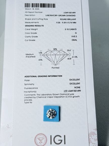 DIAMANTE cultivado en laboratorio de 3,10 quilates