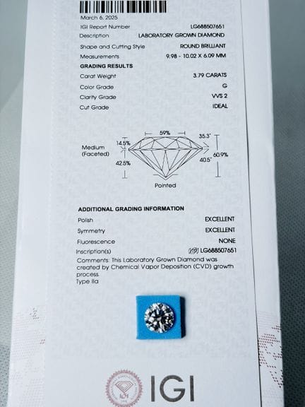 DIAMANTE cultivado en laboratorio de 3,79 quilates