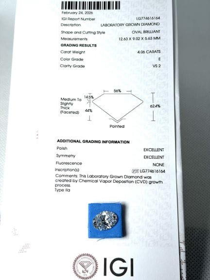 DIAMANTE cultivado en laboratorio de 4,06 quilates
