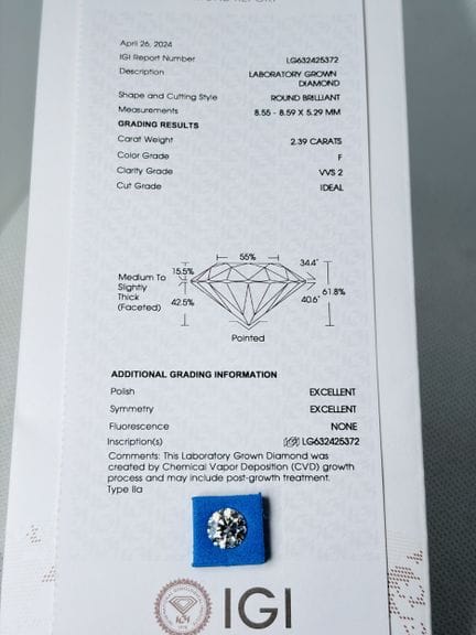 DIAMANTE cultivado en laboratorio de 2,39 quilates