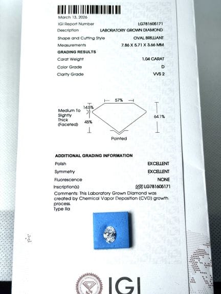 DIAMANTE cultivado en laboratorio de 1,04 quilates
