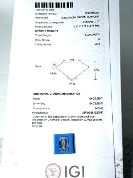 DIAMANTE cultivado en laboratorio de 4,02 quilates